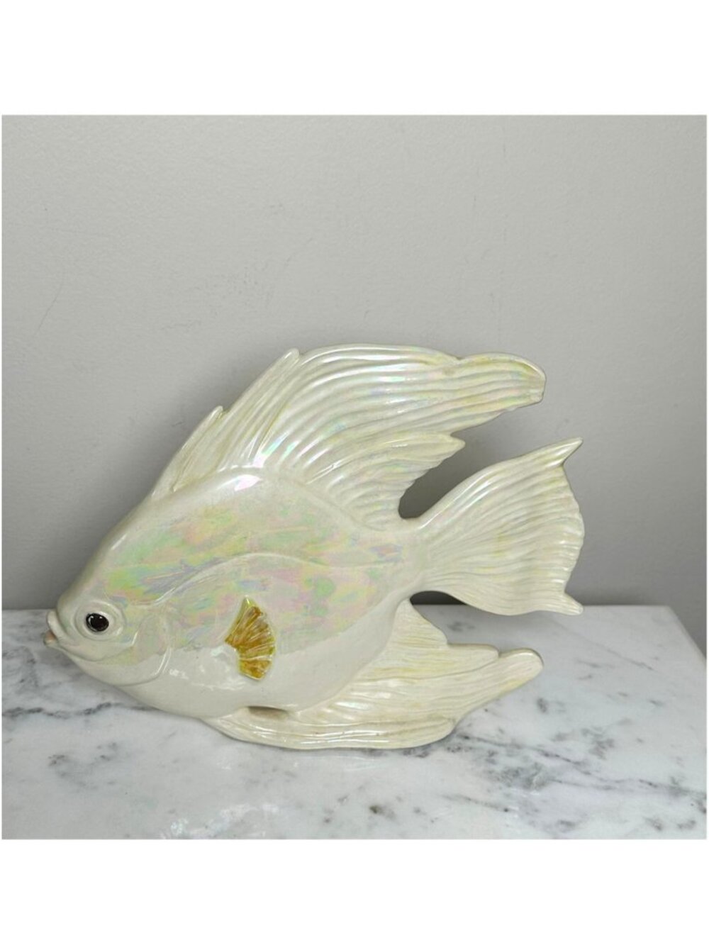 Large Vintage Iridescent Ceramic Fish Sculpture | Pearl Finish Angelfish Coastal